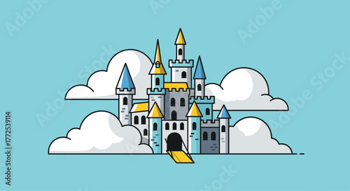Whimsical fairytale castle floating majestically amongst fluffy clouds in a vibrant sky