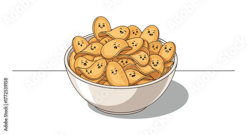 Joyful potato chips with cute faces spill from a white bowl, bringing happiness and snack time fun to any project