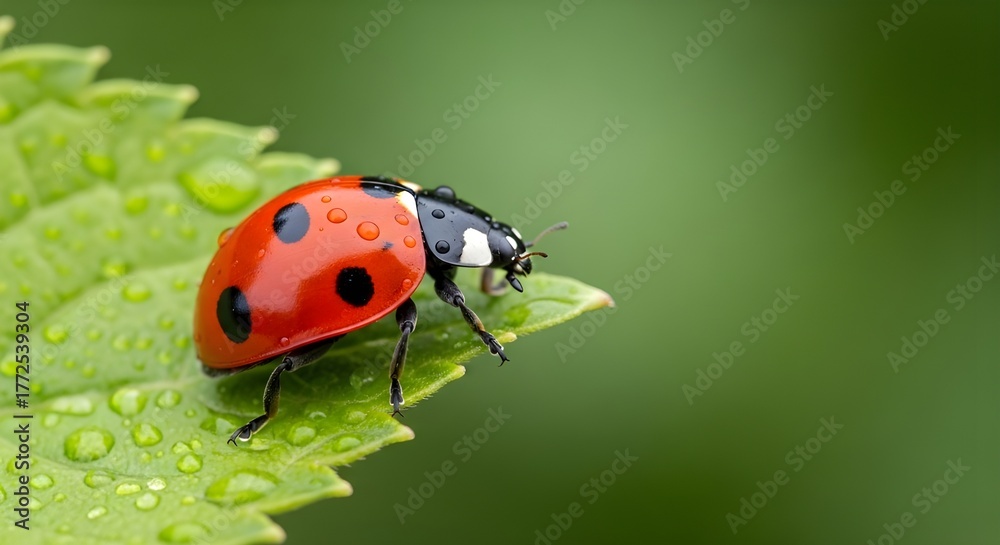 Fototapeta premium Ladybug on a green leaf with water droplets macro shot
