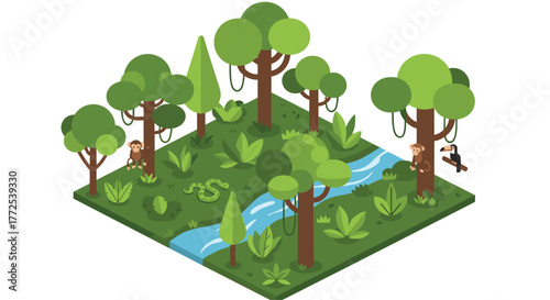 Vibrant jungle scene with playful monkeys, a slithering snake, and a toucan perched on a tree branch near a flowing river