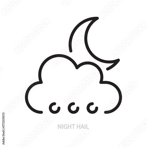 Night hail line icon. Cloud and half moon sign / symbol. Weather forecast & climate concept. Isolated on a white background. Editable stroke. Flat design. Vector illustration.