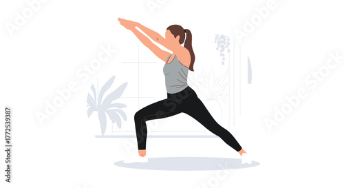 Empowered woman gracefully practicing yoga warrior pose in serene minimalist home studio, promoting wellness and balance