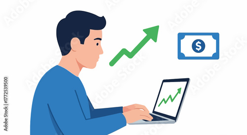 Man using laptop to analyze financial growth and investment opportunities, leading to increased earnings.