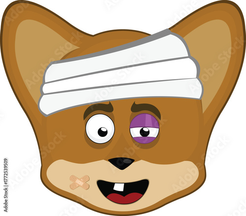 vector illustration emoticon character face fox animal injured with bandages on his head, a black eye, a single tooth