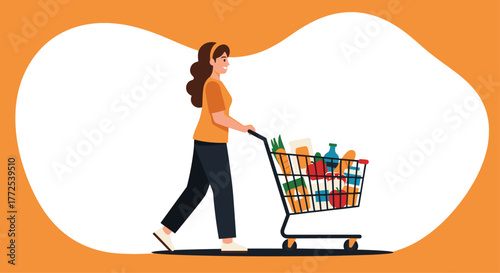 Joyful woman pushing a full grocery cart, happily shopping for fresh food and household essentials in a vibrant, modern style
