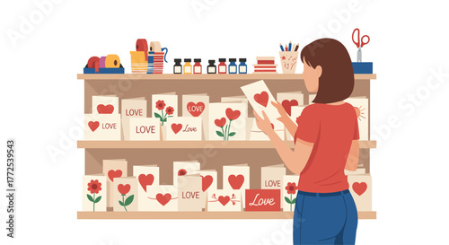 Woman selecting heartfelt Valentine's Day cards from a beautifully stocked shelf filled with romantic designs and stationery supplies