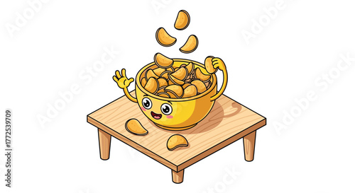 Joyful potato chip bowl character playfully tossing snacks on a wooden table, perfect for fun food promotions and playful designs