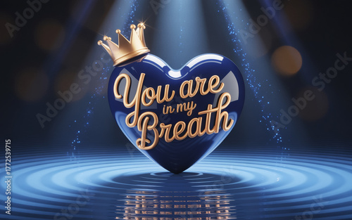 Crowned blue heart on rippling water with gold text and ethereal blue lighting, symbolizing deep love.