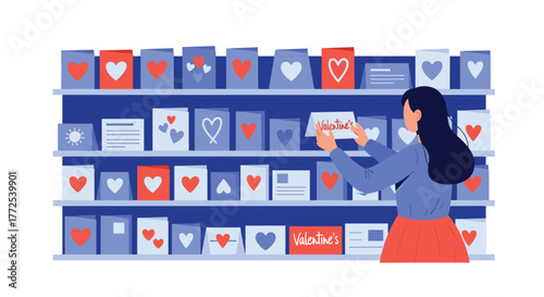 Woman selecting a heartfelt Valentine's Day card from a colorful display rack filled with love and seasonal greetings