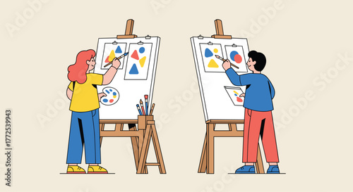 Creative artists painting abstract geometric shapes, fostering imagination and artistic expression in a vibrant studio setting