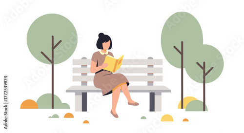 Serene woman finds peace reading a book on a park bench surrounded by calming trees and nature's gentle beauty