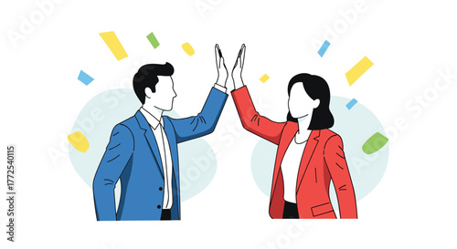 Diverse business partners celebrating successful collaboration with high five and confetti in modern office setting, conveying teamwork and achievement