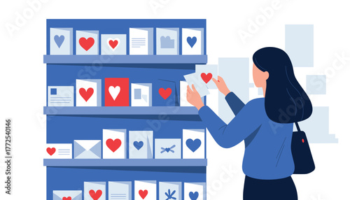 Woman thoughtfully selecting perfect greeting card with hearts for special occasion from vibrant shop display