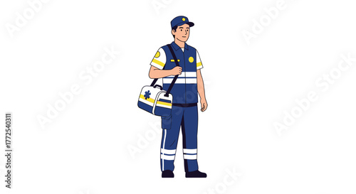Dedicated paramedic in uniform carries medical bag ready for emergency response and patient care