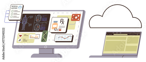 Desktop screen displaying medical diagnostics, patient records, prescriptions, and genome data. Nearby, a laptop connects to a cloud platform. Ideal for healthcare, technology, AI analytics