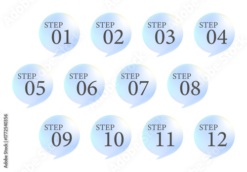 ブルーの丸型ステップ番号アイコンセット｜12段階の手順を表す清潔感のあるデザイン素材