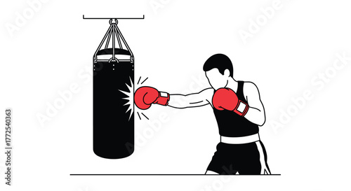 Dynamic boxer trains intensely punching heavy bag, building strength and mastering combat skills for peak performance