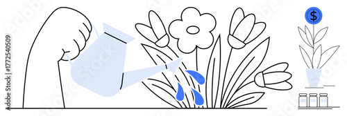 Hand watering flowers with droplets symbolizing nurturing, growth, and prosperity. Money plant and dollar sign suggest finance, business, investment. Ideal for strategy, wealth, success personal