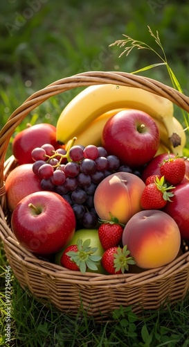 Red and green apples in a basket of fresh, healthy fruit