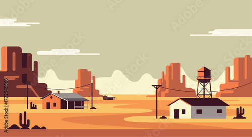Serene minimalist desert landscape with isolated homes and mesas under a vast, calm sky