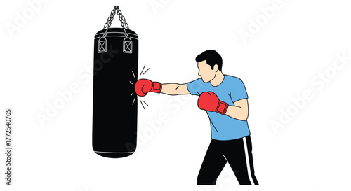Determined boxer in red gloves powerfully strikes a heavy bag in energetic training session