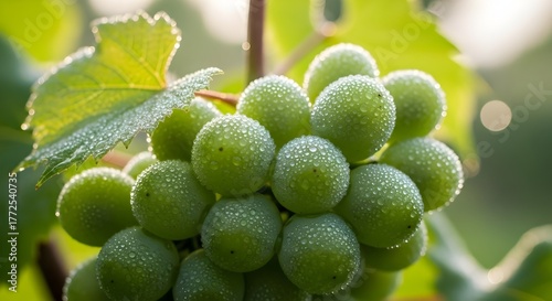 A close up of a bunch of ripe, sweet green grapes on a vine with a leaf