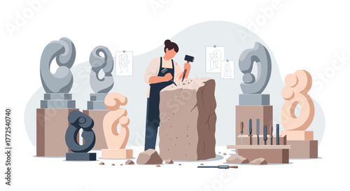 Artisan sculptor meticulously carves stone masterpiece surrounded by finished abstract sculptures in creative studio