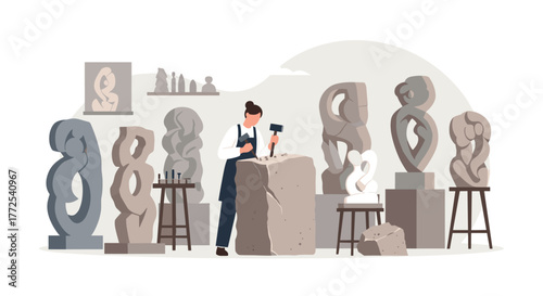 Creative artist diligently sculpting abstract stone artwork in a bright, modern studio surrounded by finished pieces