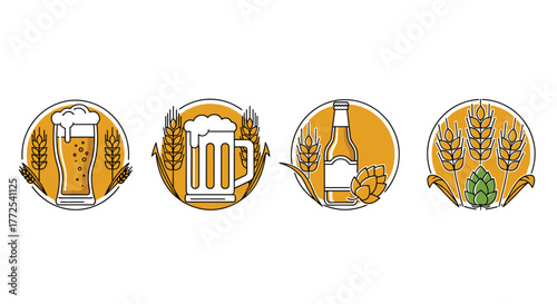 Craft beer icons featuring glasses, mugs, bottles, wheat, and hops create a vibrant visual for brewery branding and advertising