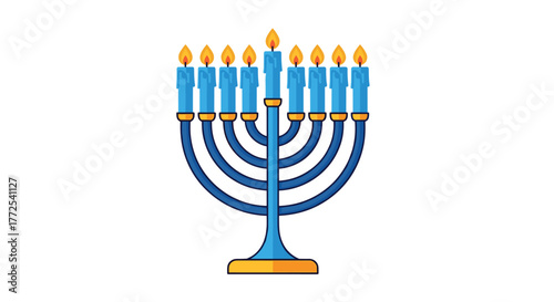 Illuminated menorah with nine blue candles burning brightly, symbolizing Hanukkah tradition and festive celebration