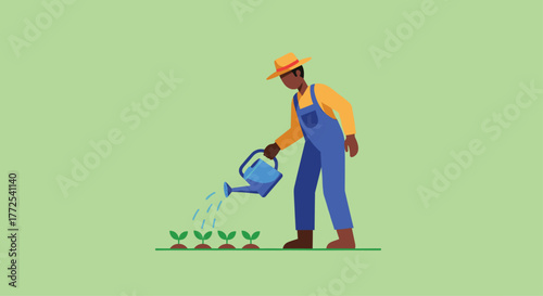 Dedicated farmer diligently watering young sprouts in fertile soil, nurturing growth for a bountiful harvest