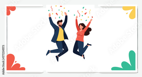 Joyful couple celebrates success with energetic jump and confetti, embodying achievement and pure happiness in a dynamic scene