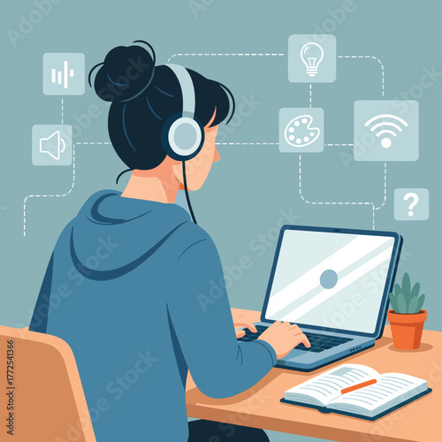Girl studying on a laptop with headphone, women working remotely in home ilustration