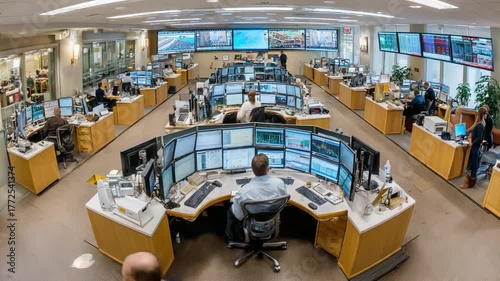 Inside the Trading Hub: An expansive, dynamic trading floor hums with activity, its monitors displaying critical data and charts. The traders are focused.