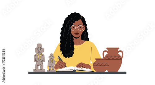 Curious student researches ancient artifacts and writes notes, surrounded by historical pottery and statues in a modern workspace