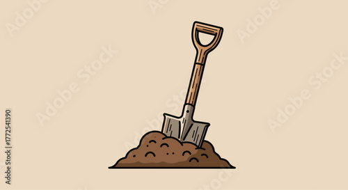 Sturdy shovel plunged into rich soil, ready for planting or digging in garden projects