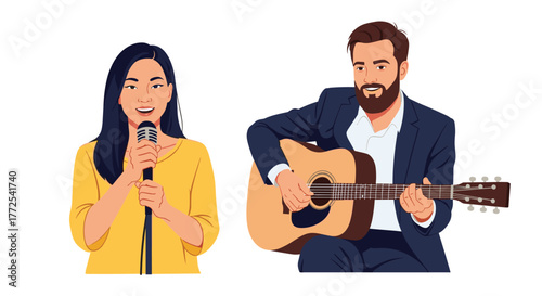 Dynamic duo performing live music, a confident singer with a microphone and a skilled guitarist creating an energetic stage presence
