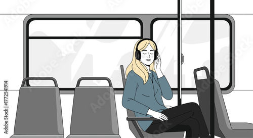Blonde woman enjoying music with headphones on a peaceful train ride, finding calm in her commute