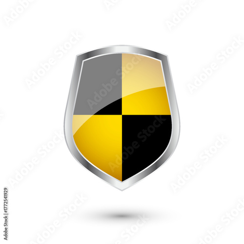 Glossy shield with yellow and black pattern. Security and protection concept. Cyber safety icons, internet privacy, web defense, digital data protection and antivirus themes. Vector illustration