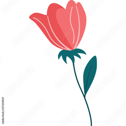 Single Red Tulip Flower With Green Stem and Leaf on Transparent Background Simple Flat Design Isolated Illustration