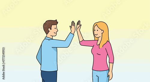 Smiling colleagues celebrating success with a high five, symbolizing teamwork and achievement in a vibrant, modern setting