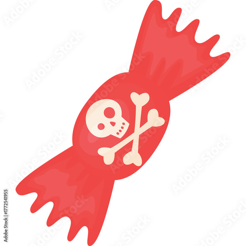 Single Red Wrapped Candy With Skull And Crossbones Symbol Isolated On White Background Studio Shot