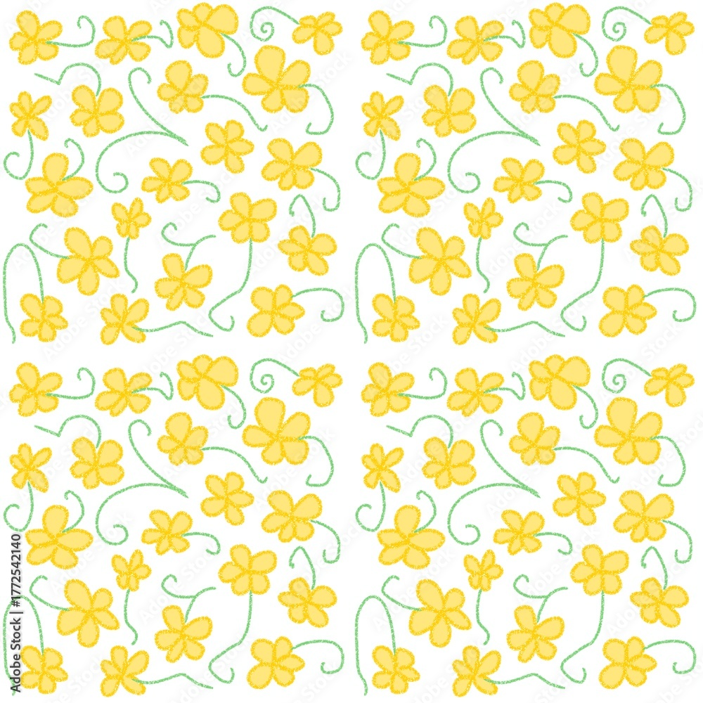 Obraz premium seamless pattern of small yellow flowers with green stems and curly vines on a white background. The flowers are arranged in a repeating grid, creating a cheerful and lively desi