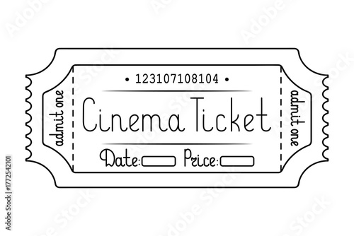Cinema. Ticket admit one. Date and price are indicated. 