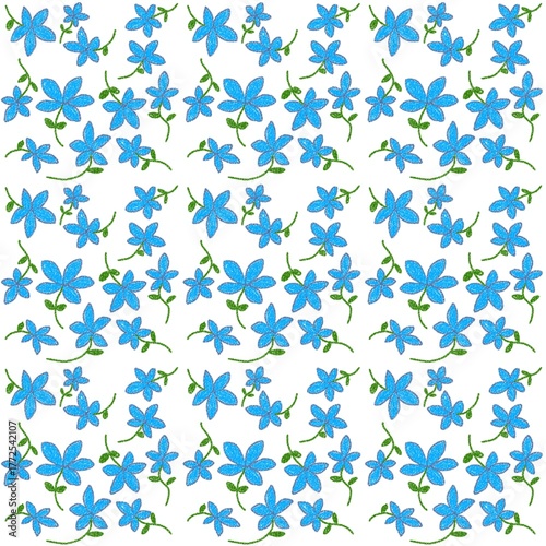 seamless pattern of blue flowers with green stems and leaves on a white background. The flowers vary in size, creating a lively and natural look. The overall design feels fresh, del