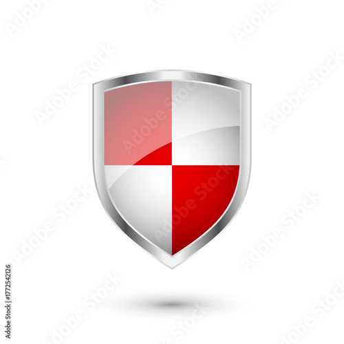 Glossy shield with red and black pattern. Security and protection concept. Cyber safety icons, internet privacy, web defense, digital data protection and antivirus themes. Vector illustration