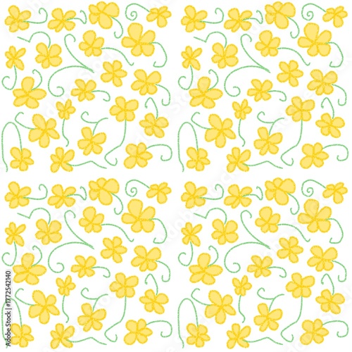 seamless pattern of small yellow flowers with green stems and curly vines on a white background. The flowers are arranged in a repeating grid, creating a cheerful and lively desi