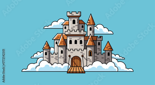 Majestic fantasy castle floating serenely amidst fluffy white clouds against a clear blue sky backdrop