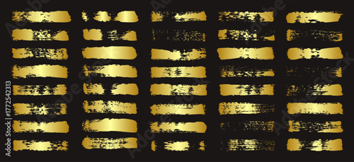 Golden brush strokes, lines, ink smudges, hand-drawn scribble shapes. Handmade sketchy marks, acrylic stains, charcoal streaks. Paint textures, dry brush effect. Marker underline. Vector illustration