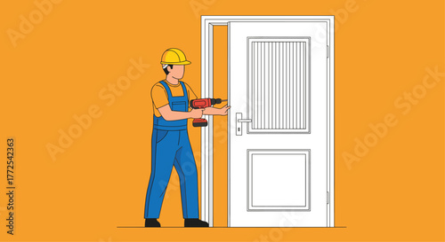 Skilled handyman expertly installs new door hardware with a power drill, showcasing renovation and home improvement services